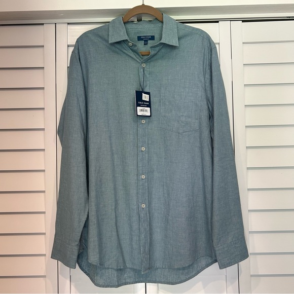 Large Cole Haan Grand OS Smoke Blue Linen Blend Shirt - Picture 1 of 8